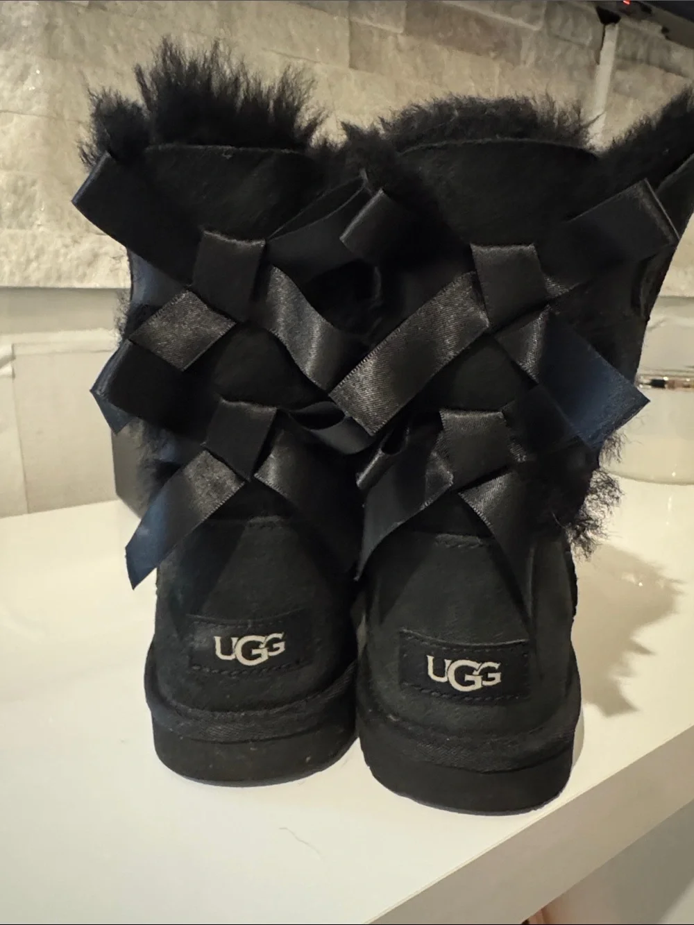 UGG Black Suede Kids Bow-Back Shearling Boots